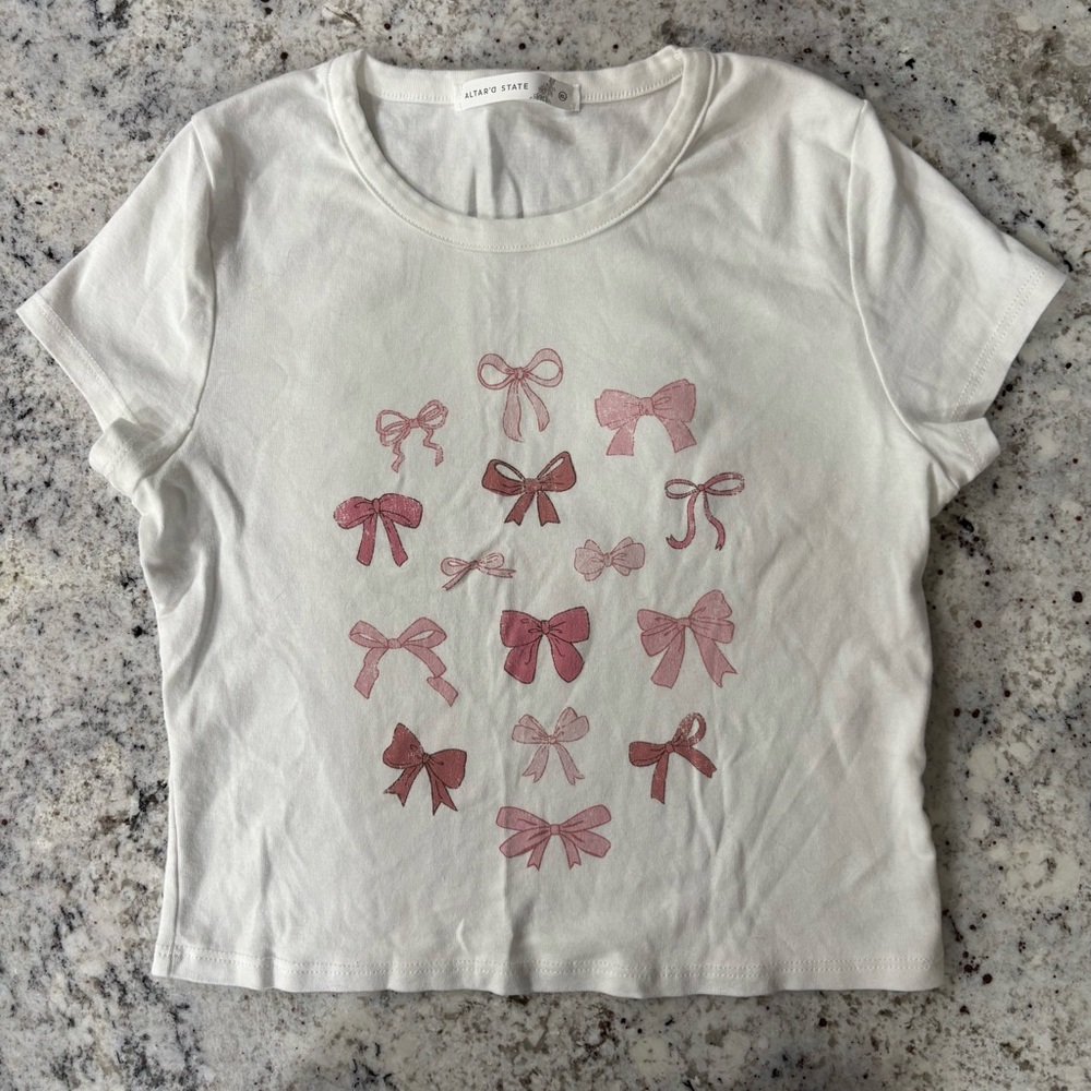 Women’s cropped White Bow Print T-Shirt